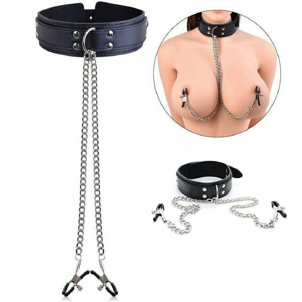Sexy Nipple Clamps Black Faux Leather Slave Collar Leash Bondage Posture Collar